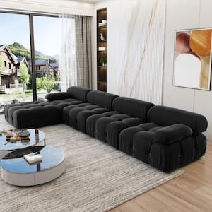 138.6 in. Convertible Modular Velevt Square Arm Free Combination L-Shaped 5 Seater Sectional Sofa with Ottoman, Black