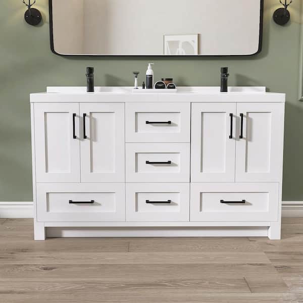 60 in. W x 22 in. D White Bath Vanity Double Basin Freestanding Solid Wood Bathroom Cabinet with White Solid Surface Top