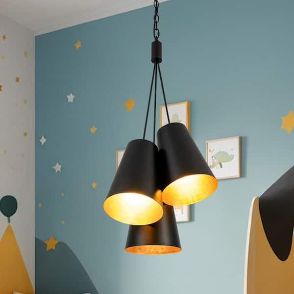 Plano 3-Light 14.2 in.W Matte Black Cord Pendant Light with Drum Metal Cover for Kitchen/Living Room