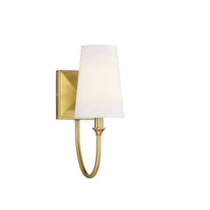 Cameron 5 in. W x 13 in. H 1-Light Warm Brass Transitional Wall Sconce with White Fabric Shade