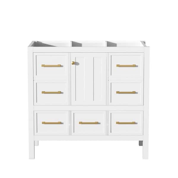 35.5 in. Solid Wood Frame Freestanding Bath Vanity Cabinet without Top in White with 5 Drawers and Soft Closing Doors