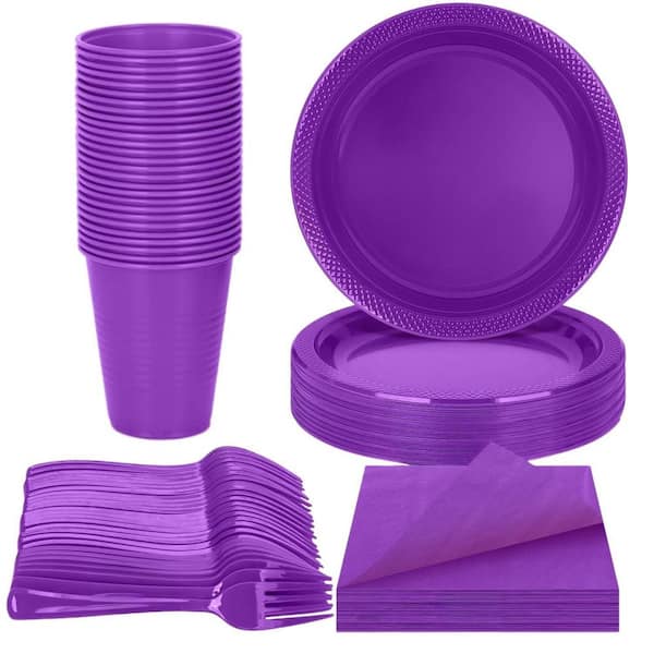 200-Piece Purple Disposable Plastic Party Supplies with 9 in. Dinner Plates, Napkins, Cups and Cutlery for Halloween