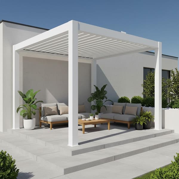 10 ft. x 10 ft. Ivory Aluminum Patio Pergola with Built-In Solar Panel, Ceiling Fan and Round LED Light