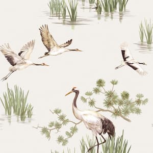 Cranes in Water Wallpaper White Paper Strippable Roll (Covers 57 sq. ft.)