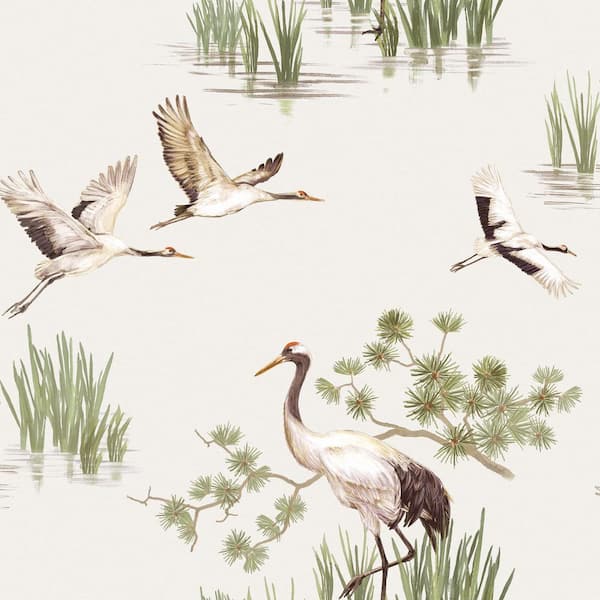 Walls Republic Cranes in Water Wallpaper White Paper Strippable Roll (Covers 57 sq. ft.)