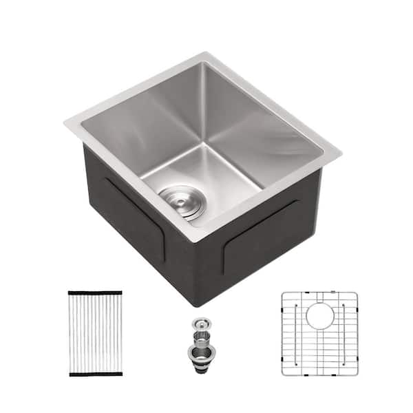 ANGELES HOME 14 in. Undermount 304 Stainless Steel Single Bowl 18-Gauge Kitchen Sink with Dish Drid, Drain Assembly, Brushed Nickel