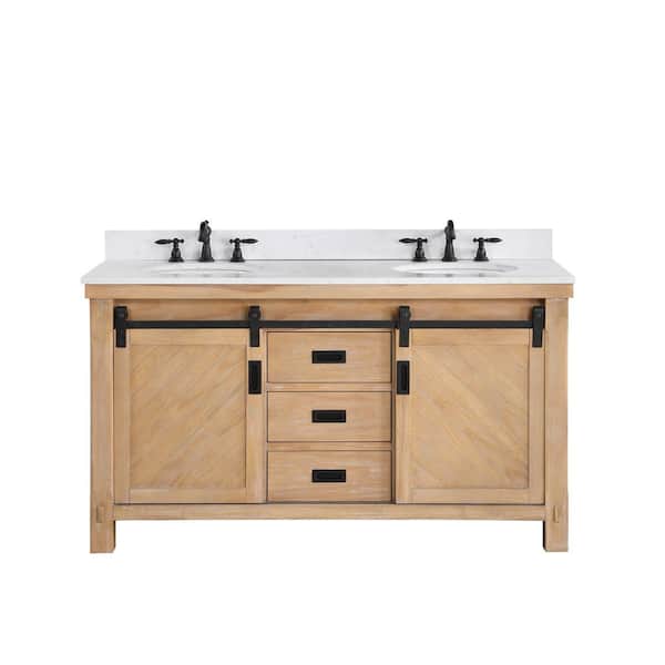 ROSWELL Cortes 60 in. W x 22 in. D x 33.9 in. H Double Sink Bath Vanity in Weathered Pine with White Composite Counter Top