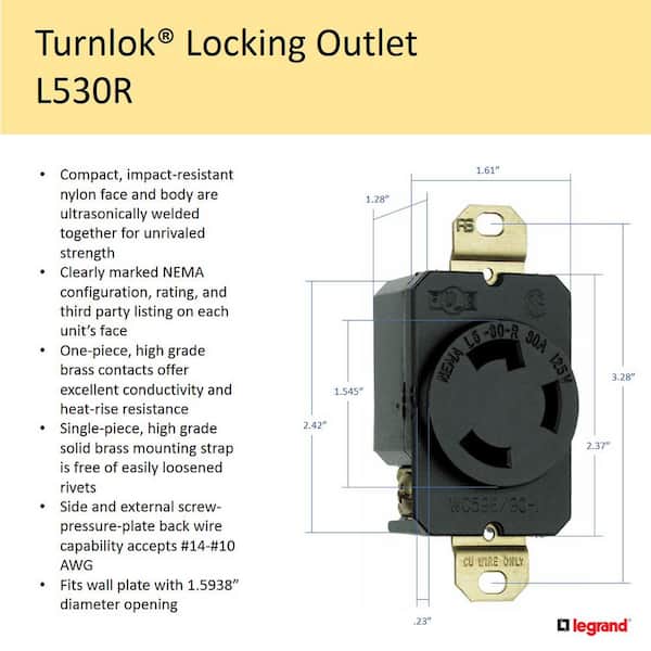 Pass & Seymour Twist Turn Locking Receptacle L5-30R Outlet 30A 125V Bulk 530-R 