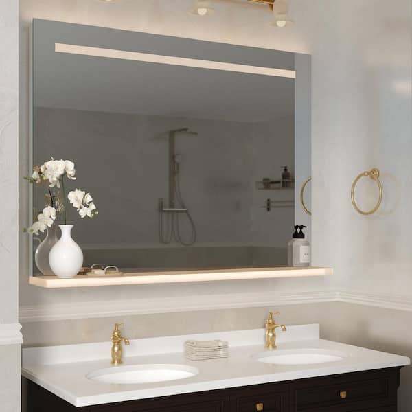 YULIKA 36 in. W x 28 in. H Rectangular Frameless Wall Bathroom Mirror with Shelf Modern Bathroom Vanity Mirror in White
