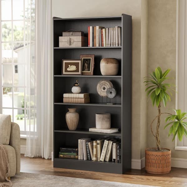 BYBLIGHT Eulas 72 in. Tall Black Wood 5-Shelf Standard Bookcase