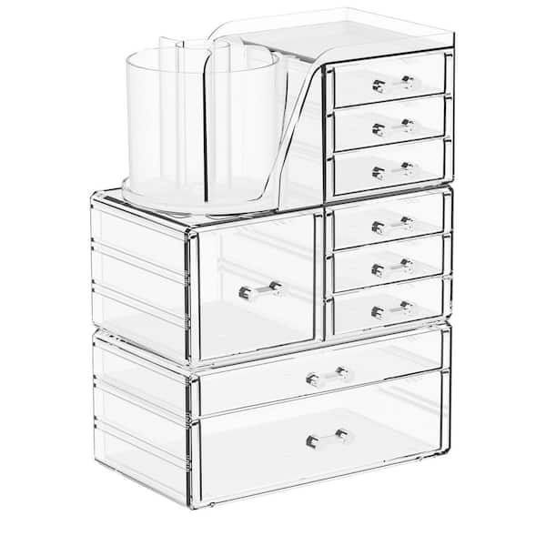 Acrylic Makeup Organizer for Vanity With 9 Drawer and Make Up Brush Holder, Bathroom Make Up Drawer Storage in Clear