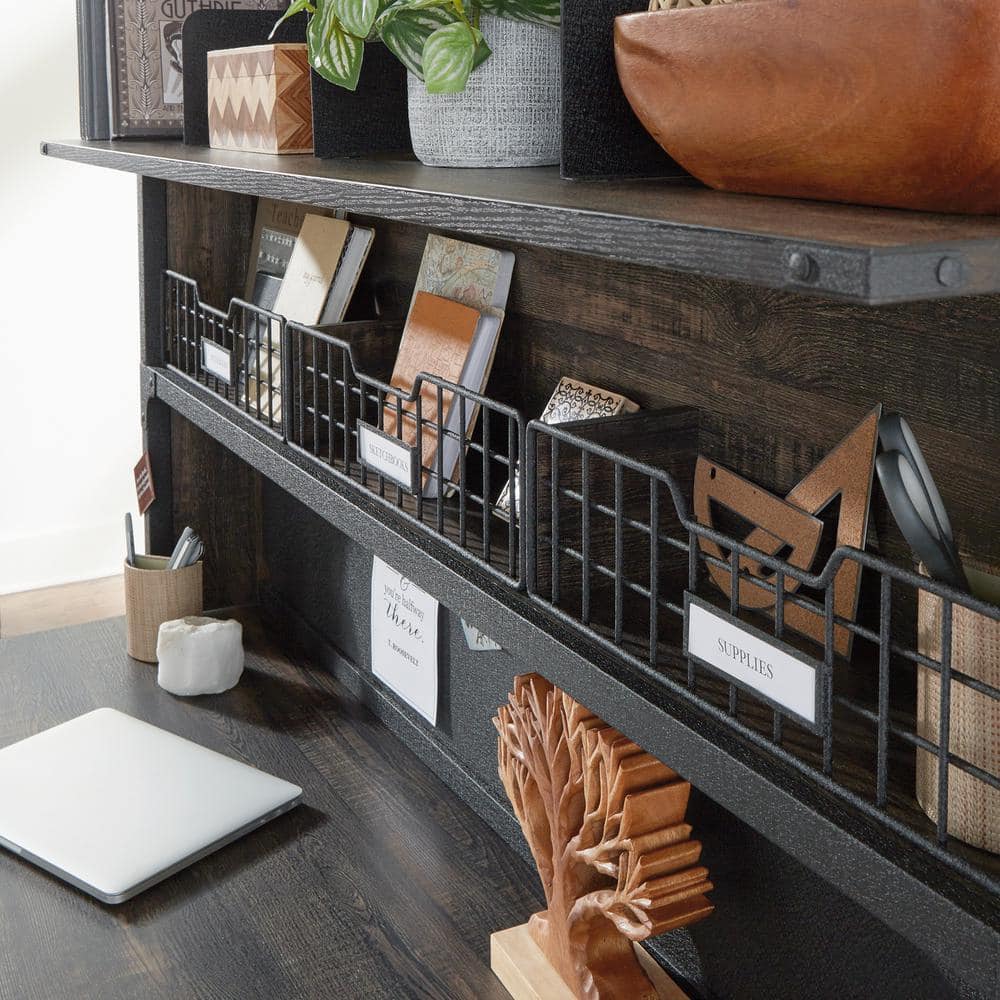 Carbon Oak Industrial Computer Desk Hutch with Metal Frame