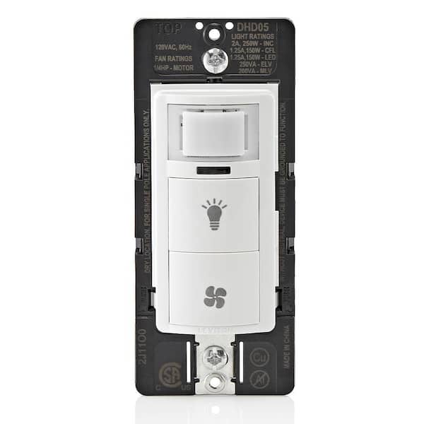 Leviton Decora In-Wall Combination Humidity Sensor & Fan Control w/Light Switch, 1/4 HP, Residential Grade, Single Pole, White