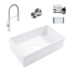 Turner 30 in. Farmhouse Apron Front Undermount Single Bowl White Fireclay Kitchen Sink with Bruton Chrome Faucet Kit