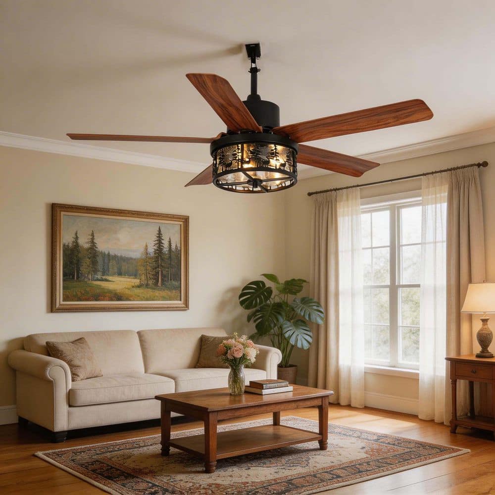 42 in. Black Wood Grain Downrod Mount Rustic Farmhouse Outdoor Ceiling Fan with Light Included Remote price history on PriceWatchPro