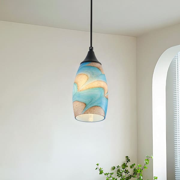 4.72 in. 1-Light Kitchen Island Blue Pendant Light Vintage Art Hanging Ceiling Light with Blown Glass Shade