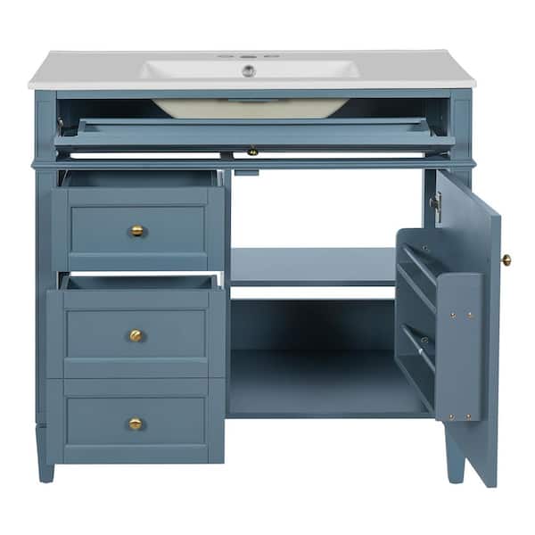 36 in. W x 18 in. D x 34 in. H Single Sink Freestanding Blue Bath Vanity with White Ceramic Top