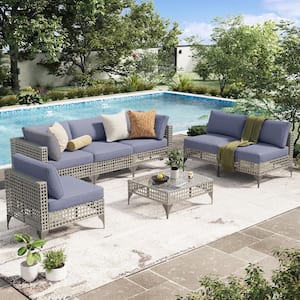 7-Piece Aecojoy Patio Outdoor Wicker Furniture Sofa Set with Tea Table, PE Rattan Sectional Conversation Set (Blue Cushions)