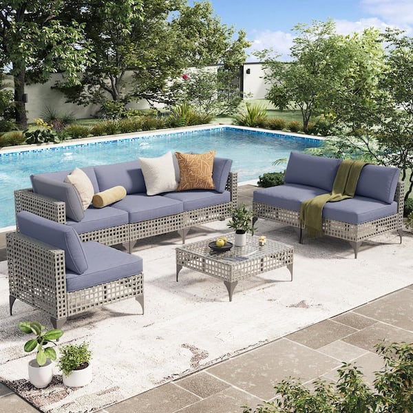 7-Piece Patio Outdoor Wicker Furniture Sofa Set with Tea Table, PE Rattan Sectional Conversation Set in Blue Cushions