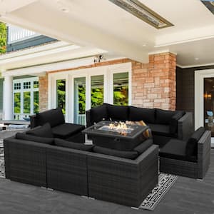 Luxury 9-Piece Charcoal Wicker Patio Large Deep Seating Sectional Sofa Set with Fire Pit Table and Black Cushions