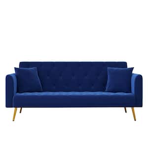 71" Round Arm Velvet Rectangle Tufted Back Blue Sofa Bed