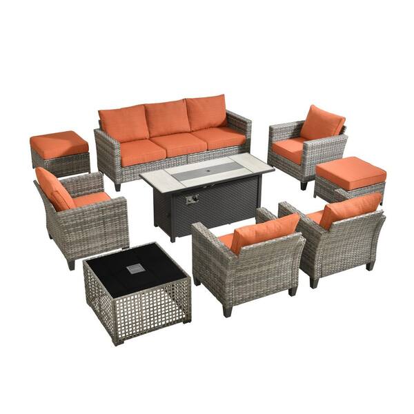 Daphne 9-Piece Wicker Patio Conversation Sofa Seating Set with Metal Fire Pit Table and Orange Red Cushions