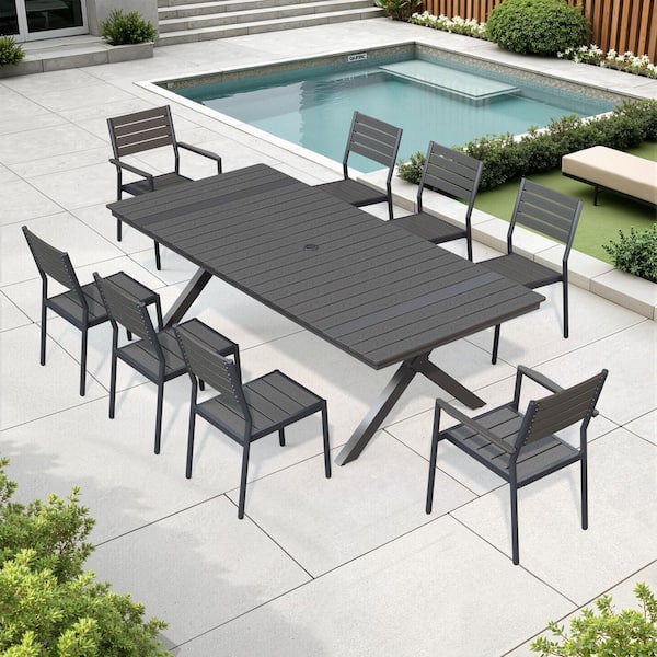 Black 9-Piece 94 in. Aluminum Wood-Like Rectangular Patio Outdoor Dining Set with Armed and Non-Arm Chairs Umbrella Hole
