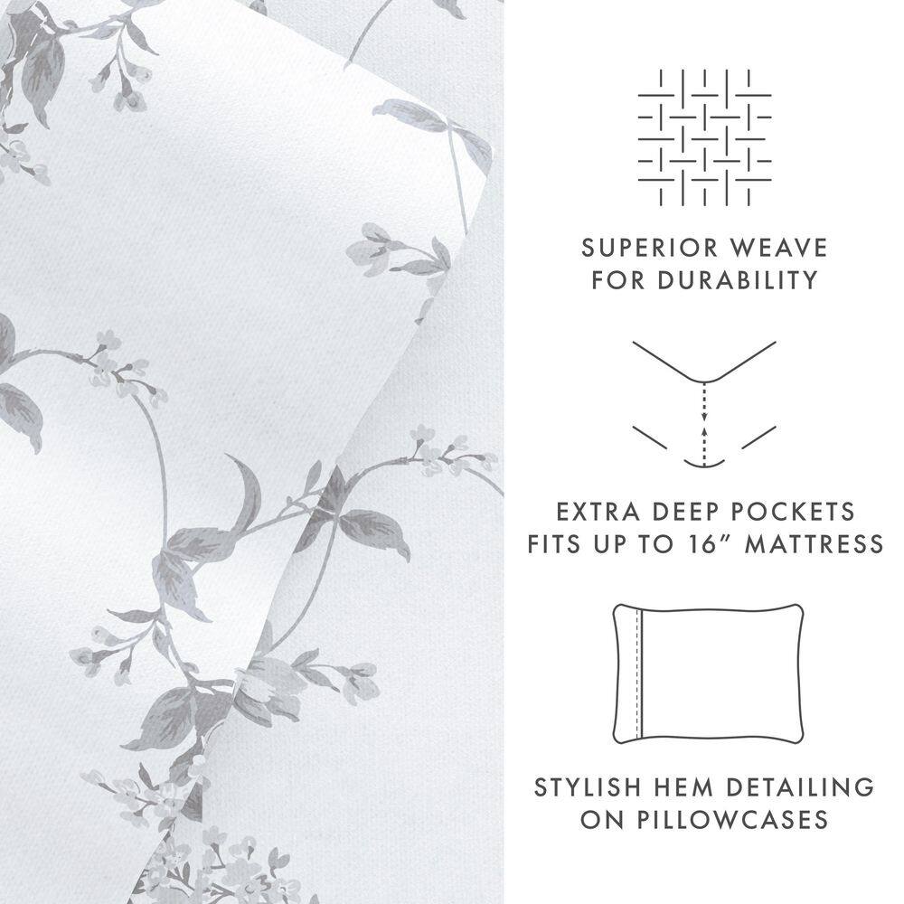 Gray Floral Cotton Flannel Queen Deep Pocket Sheet Set