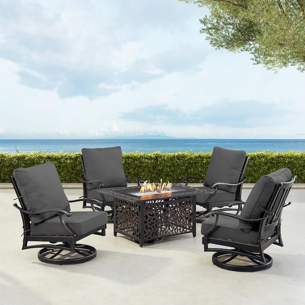 Black 5-Piece Aluminum Patio Fire Pit Set with Black Cushions