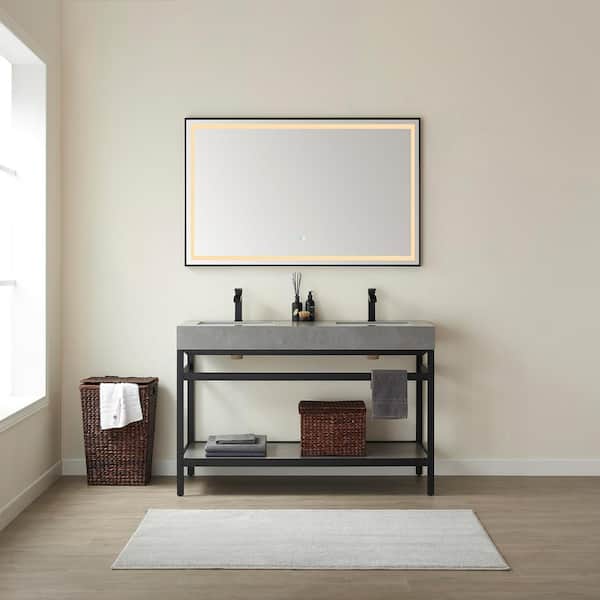 ROSWELL Funes 60 in. W x 22 in. D x 33.9 in. H Double Sink Bath Vanity in Matt Black Metal Stand with Grey Sintered Stone Top