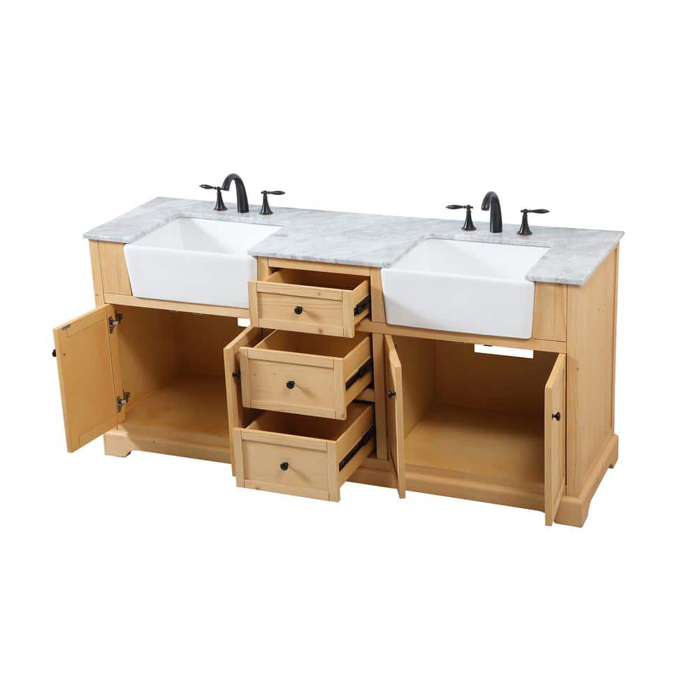 Natural Wood Double Bathroom Vanity with Carrara Marble Top