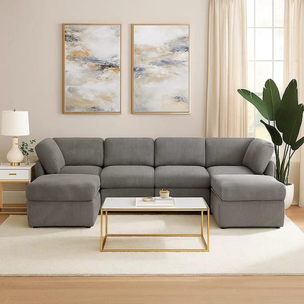 Ellington Collection 131 in. Flare Arm Corduroy Fabric 6-Piece Sectional Sofa with Reversible Ottomans in Heather Grey
