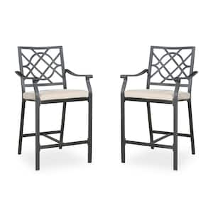 Metal Steel Outdoor Bar Stool Patio Bar Chair with Beige Cushion (2-Pack)