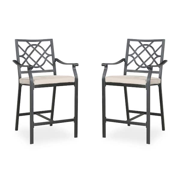 ULAX FURNITURE Metal Steel Outdoor Bar Stool Patio Bar Chair with Beige Cushion (2-Pack)