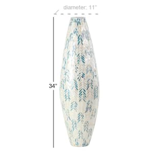 33 in. White Handmade Tall Mosaic Mother of Pearl Shell Decorative Vase with Blue Accents