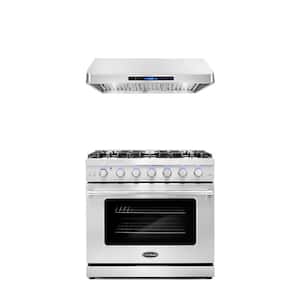 2-Pack Package with 36 in. Freestanding Gas Range with 6 Burners and 36 in. Under Cabinet Range Hood in Stainless Steel