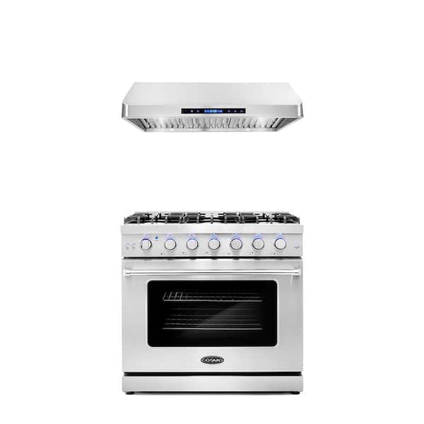 Cosmo 2-Pack Package with 36 in. Freestanding Gas Range with 6 Burners and 36 in. Under Cabinet Range Hood in Stainless Steel
