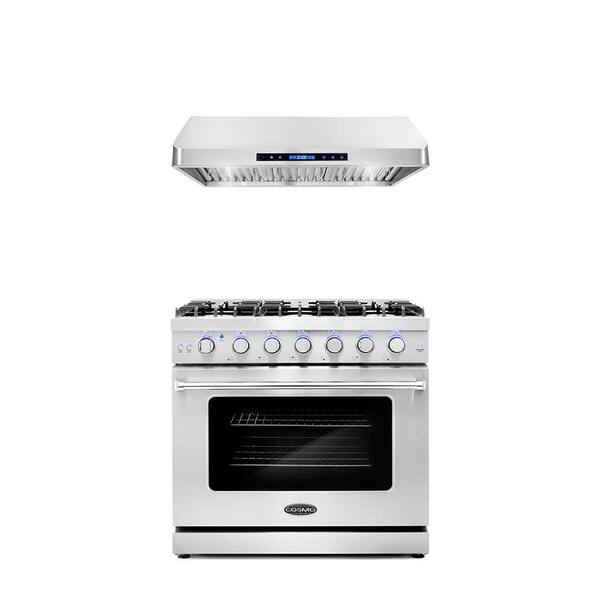 Cosmo 2-Pack Package with 36 in. Freestanding Gas Range with 6 Burners and 36 in. Under Cabinet Range Hood in Stainless Steel