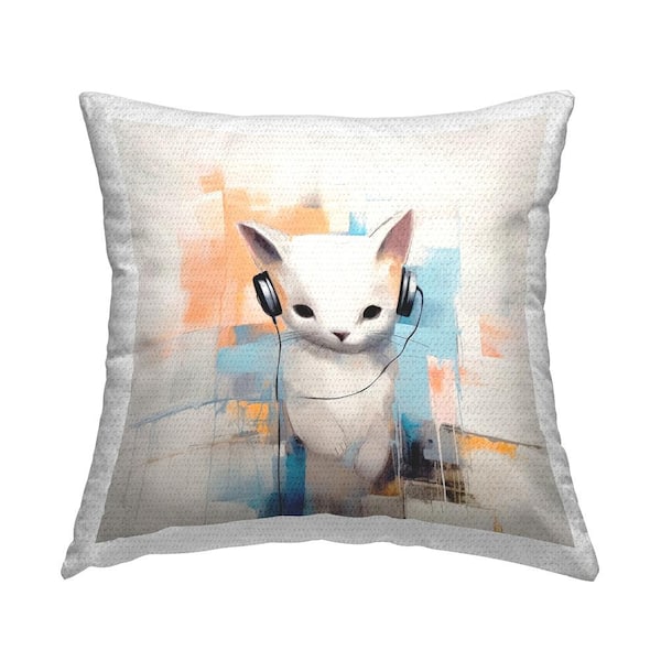 Stupell Industries Cat with Headphones Off-White Square Outdoor Throw Pillow