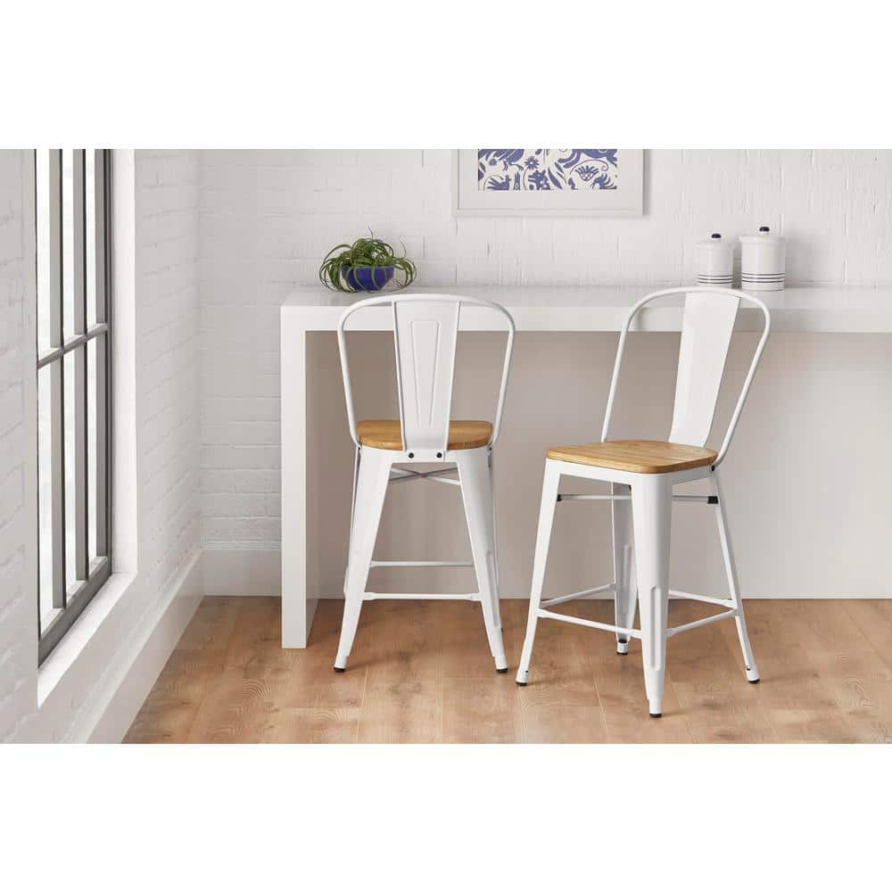 StyleWell Finwick White Metal Backed Counter Stool with Natural Wood Seat Set of 2 CW827A 24 WHT The Home Depot