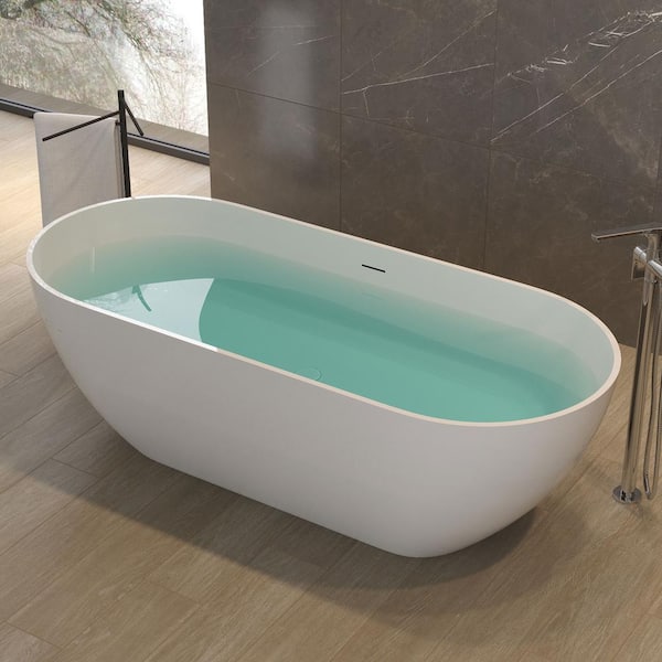 62.9 in. x 29.52 in. Contemporary Oval Solid Surface Soaking Bath Tub Stone Resin Freestanding Bathtub in Glossy White