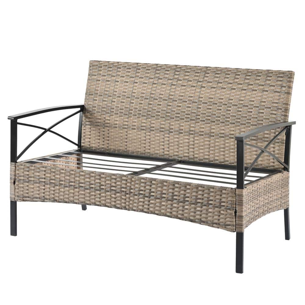 4-Piece Black Iron and Wicker Patio Set with Blue Cushions