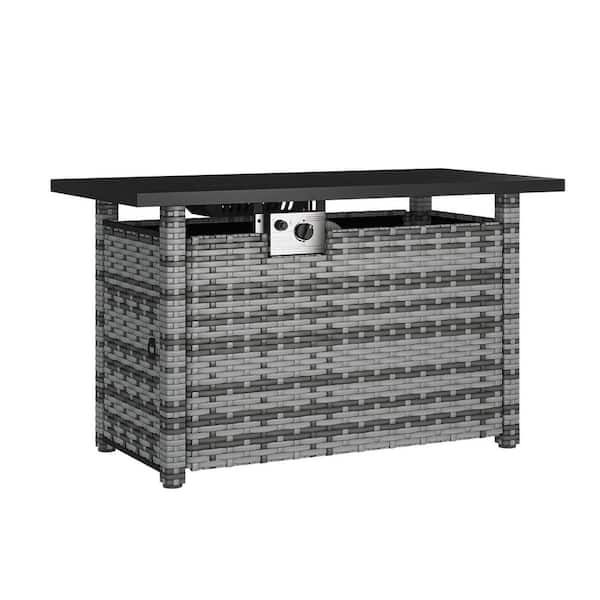 Black 44 in. Wicker Rectangular Propane Gas Fire Pit Table with Lid, Fire Glass Beads, and Waterproof Cover