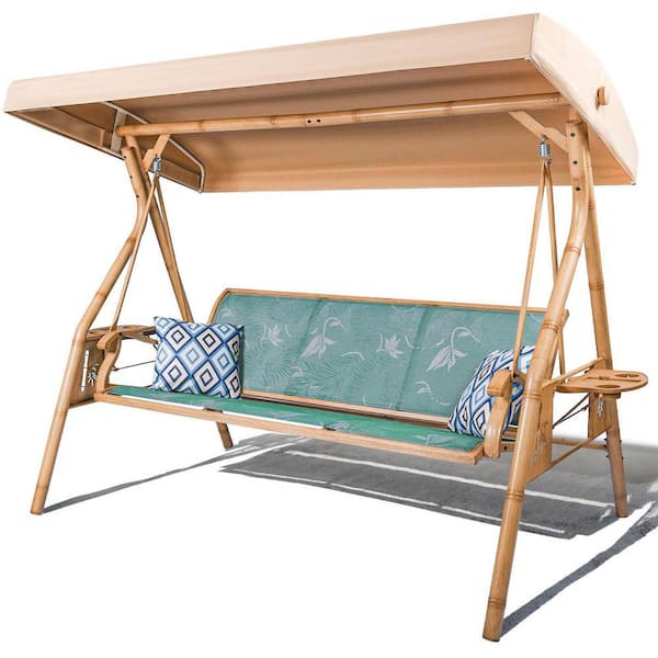 3 Person Metal Outdoor Patio Swing with Adjustable Canopy and Heavy Duty Green Cushions