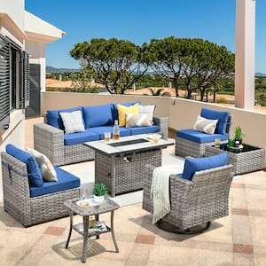 Crater Grey 9-Piece Wicker Wide Arm Patio Conversation Sofa Set with a Rectangle Fire Pit and Navy Blue Cushions