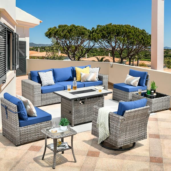 HOOOWOOO Crater Grey 9-Piece Wicker Wide Arm Patio Conversation Sofa Set with a Rectangle Fire Pit and Navy Blue Cushions