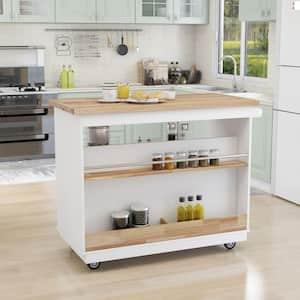 White Wood 46 in. 2-Sided Kitchen Island with 2 Drawers and 4-Wheels