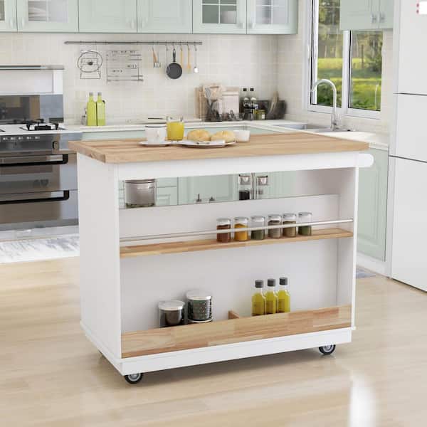 Nestfair White Wood 46 in. 2-Sided Kitchen Island with 2 Drawers and 4-Wheels