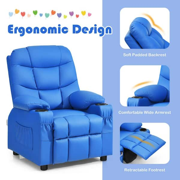 Kids Recliner Chair with Side Pockets and Footrest Blue