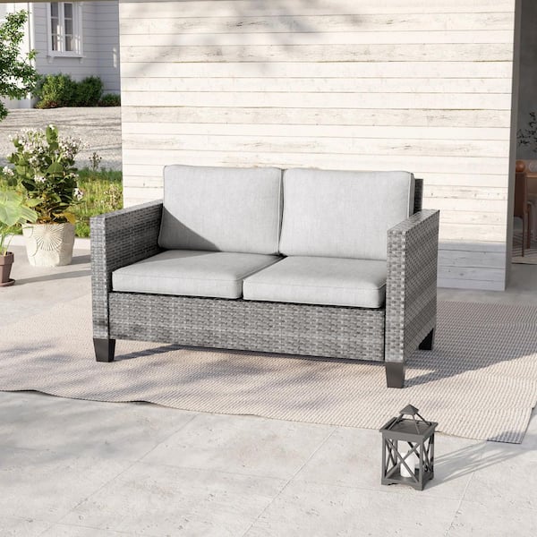 JOYESERY Metal Frame Gray Wicker Outdoor Loveseat Patio Chaise Lounge with High Back and Linen Gray Cushions